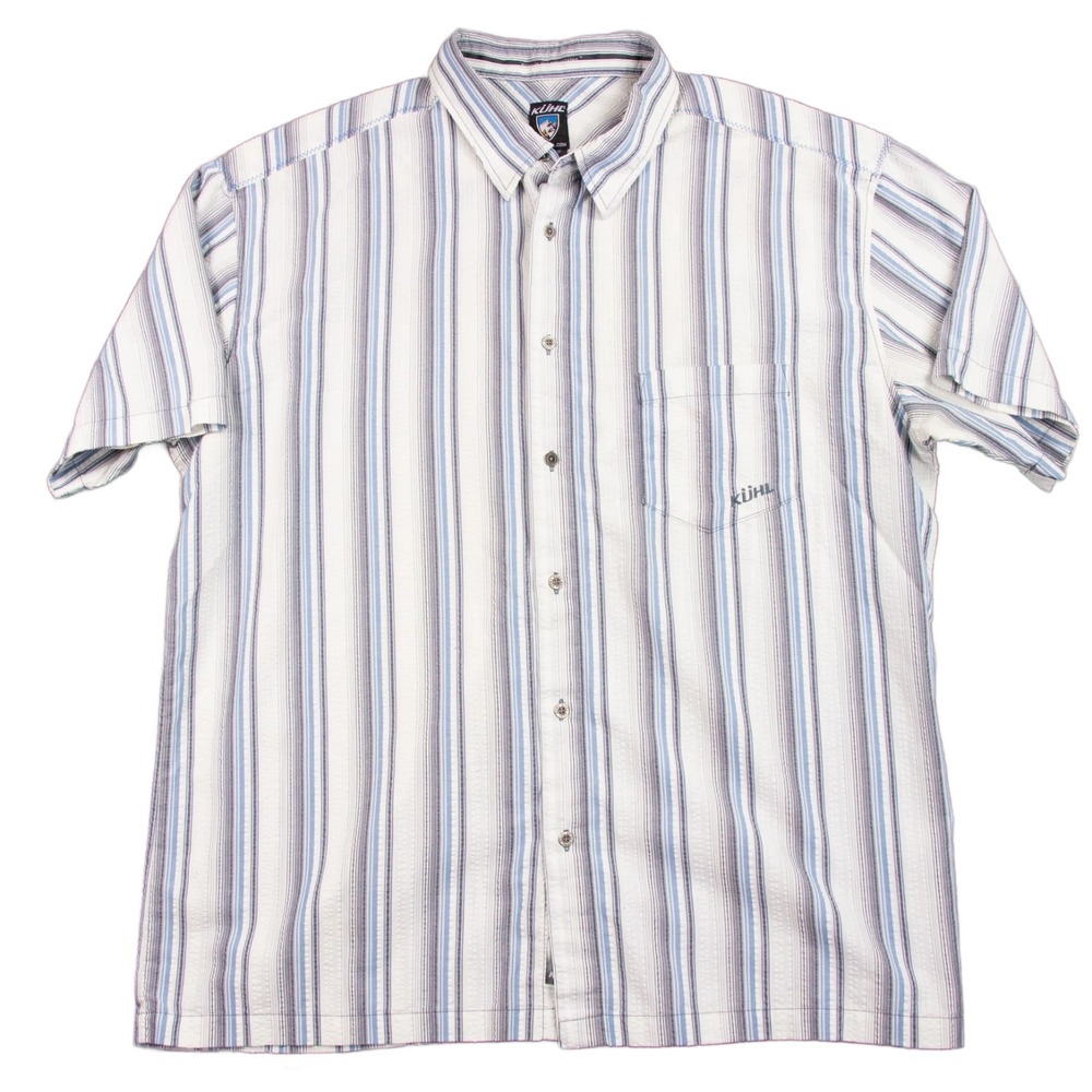 KUHL Button Up Short Sleeve Shirt Seersucker Sz 2XL White Blue Stripe Mens‎